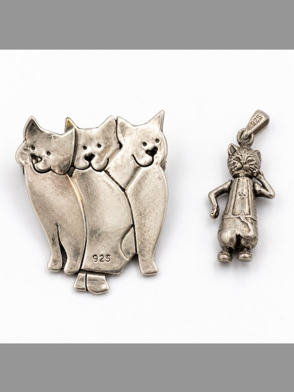 Sterling Silver Cats Set 🐱 Brooch + Moving Charm 925